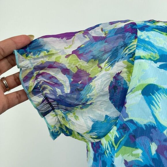 Ashro Lavita Blue Floral V-Neck Dress 1X 16/18 Smocked Waist Short Sleeve - Picture 8 of 16